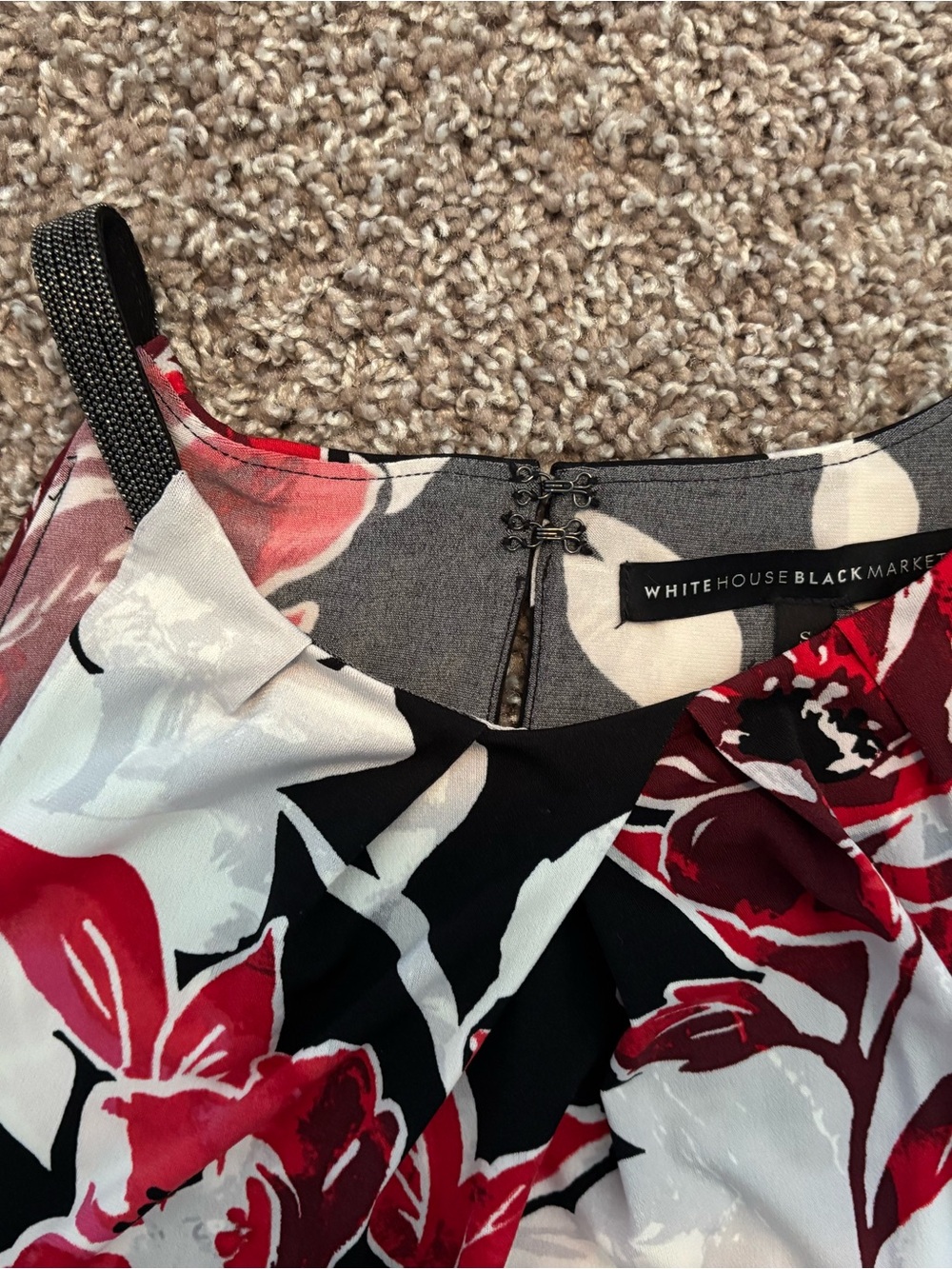 White House Black Market Black Floral Halter Camisole with Red & White Blooms - Picture 5 of 8